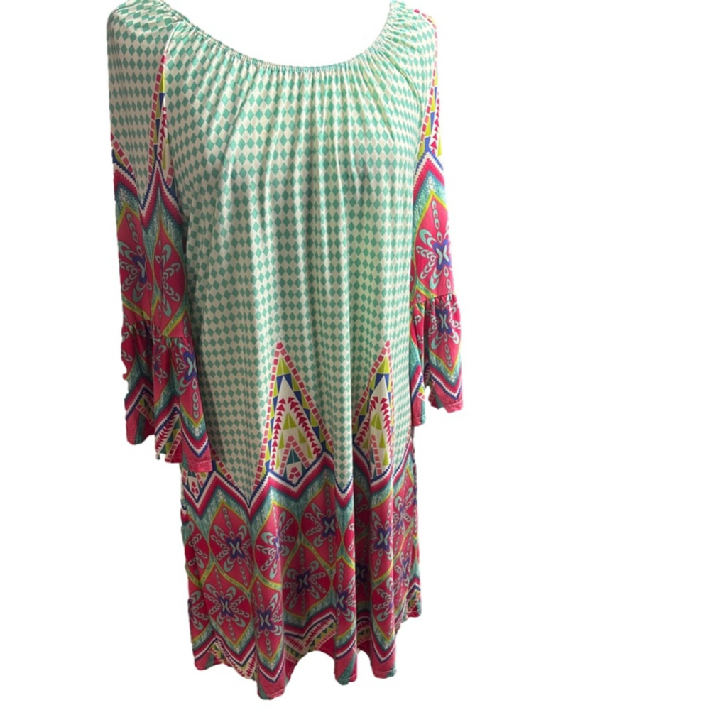 Women's Moa Mint Green Pink Patterned Long Sleeve Dress